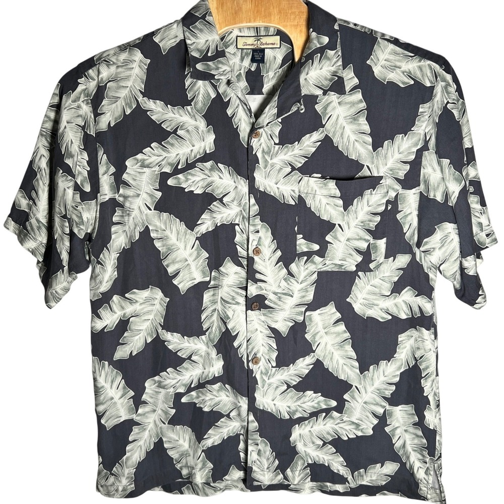 Tommy Bahama Button Up Shirt Mens L Grey Silk Palm Leaf Tropical Herringbone